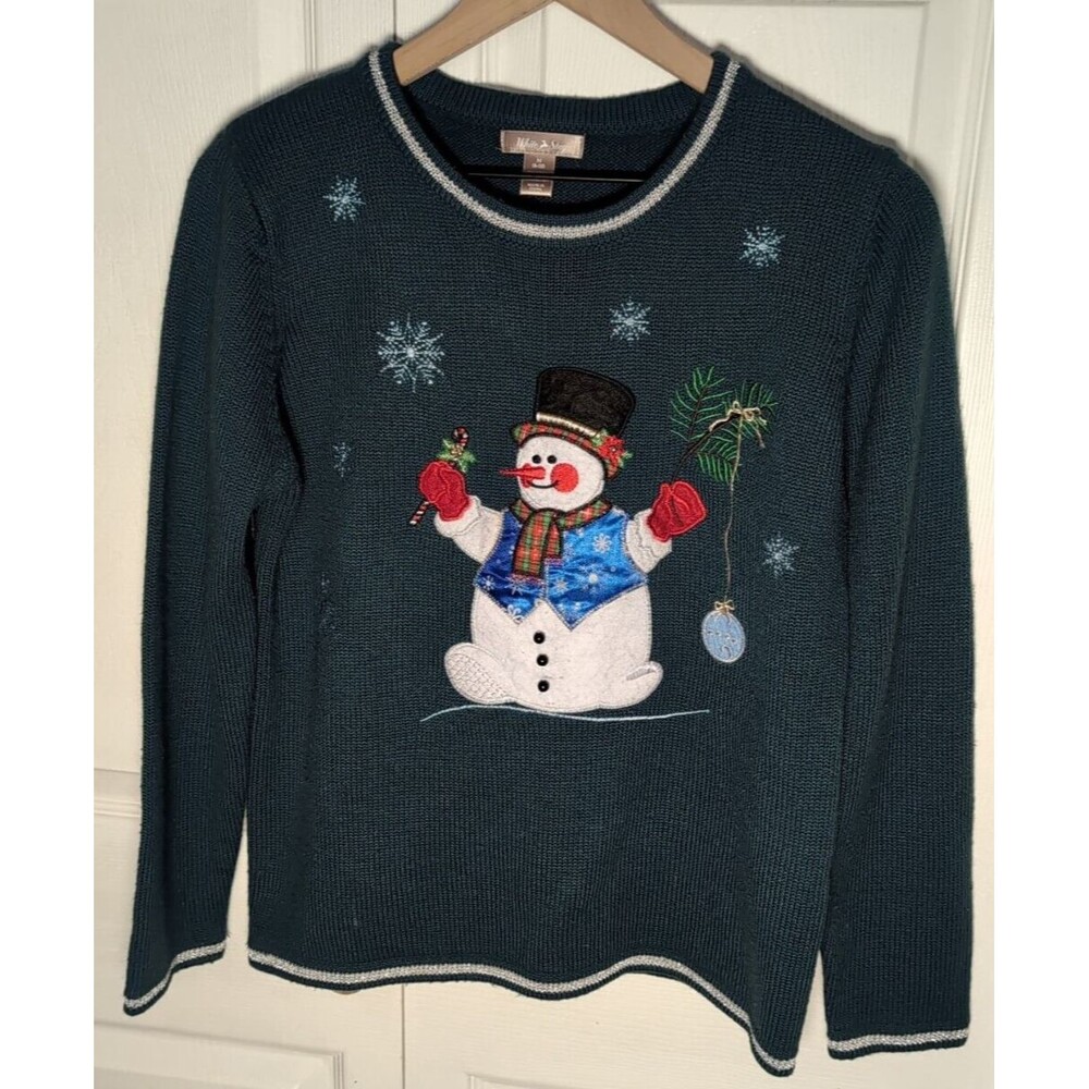 White Stag Women's Size Medium Dark Forest Green Snowman Sweater Ugly Christmas